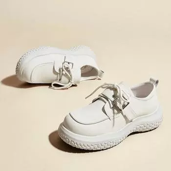 мода Модные новые женские изысканные кожаные туфли из натуральной кожи женские повседневные универсальные белые туфли с толстым дном и круглым носком 35 чёрный