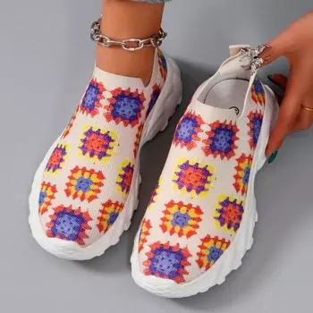 мода Модные окрашенные вязаные кроссовки женские летние 2024 года дышащие сетчатые туфли без застежек на толстой подошве повседневные туфли на плоской подошве женские теннисные 35 бежевый