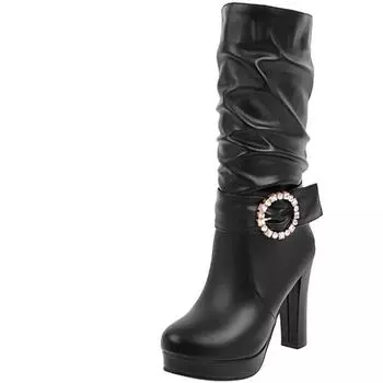 мода Модные осенне-зимние сапоги для женщин 2024 года, кожаные розовые, белые, до середины икры, женские, с круглым носком, на платформе, на каблуке, для вечеринок, женские 34 чёрный