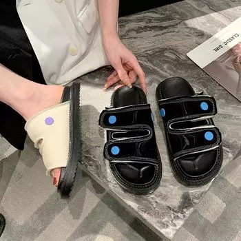 Мода Модные пляжные женские сандалии Летние туфли на плоской подошве с застежкой-молнией Повседневные тапочки Обувь для ходьбы Новые пляжные шлепанцы Платье Уютные шлепанцы с открытой пяткой 35