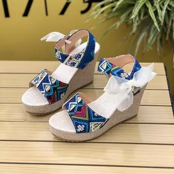 мода Модные сандалии на толстой подошве с покатым каблуком 2024 года, летние универсальные элегантные туфли на высоком каблуке для банкета, удобные женские повседневные сандалии 35 синий