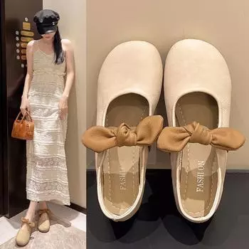 мода Модные тапочки Baotou с бантом и жемчугом на плоской подошве, женские, новинка 2024 года, летние туфли Мэри Джейн с неглубоким носком, повседневные шлепанцы 35 бежевый