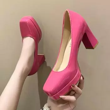 мода Модные туфли-лодочки из лакированной кожи для женщин, размер плюс 43, туфли на платформе с квадратным носком, женские, весна 2024, туфли-лодочки на толстом высоком каблуке для женщин 35 бежевый
