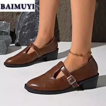 мода Модные туфли на среднем каблуке, лоферы, женская кожаная обувь, осень, новинка 2025 года, дизайнерская женская обувь, большой размер 42 43, туфли-лодочки Zapatillas Mujer 35 вино красного