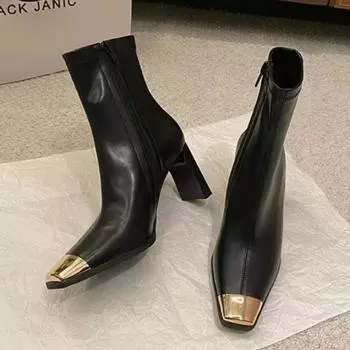 мода Модные высокие каблуки женские ботильоны с квадратным носком кожаные туфли 2025 зимняя новая тенденция повседневные ботинки челси снежные ботинки массивные Botas Mujer 34 бежевый