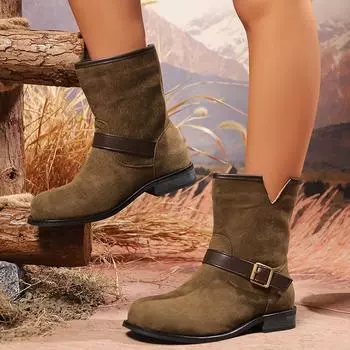 мода Модные замшевые лоскутные сапоги женские с пряжкой и квадратным каблуком ботильоны в стиле вестерн большие размеры нескользящие сапоги обувь 35 бежевый