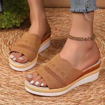 мода Модные желтые вязаные женские босоножки на платформе 2024 года, летние дышащие тапочки на танкетке, повседневные туфли на толстой подошве Femme 36 жёлтый