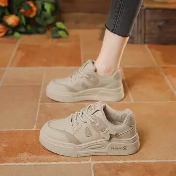 мода Модные женские белые туфли на шнуровке с толстой подошвой Спортивные весенние женские повседневные теннисные туфли с толстой подошвой из вулканизированной стали 35 бежевый