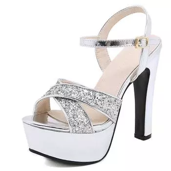 мода Модные женские босоножки на платформе туфли-лодочки для вечеринок из искусственной кожи на тонком каблуке 13,5 см Летние туфли с пряжкой и ремешком в форме буквы А с пайетками Женские туфли серебристого цвета 34 чёрный