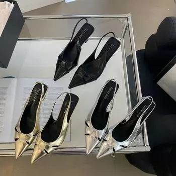 мода Модные женские босоножки с острым носком Летние туфли на тонком высоком каблуке Черные Серебряные Золотые эластичные черные Золотые Серебряные ремешки сзади 39 5.5 чёрный