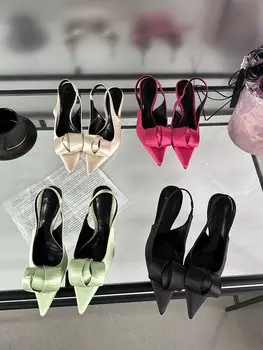 мода Модные женские босоножки с острым носком Летние туфли на тонком каблуке Ремешок сзади Бежевый Розовый Зеленый Черный Атласные босоножки для вечеринки Мюли 5.5 чёрный