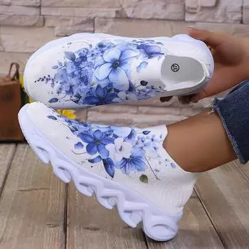 мода Модные женские кроссовки для бега с принтом, большие размеры, трикотажные, дышащие, сетчатые, повседневные, женские, удобные, нескользящие, для ходьбы, балетки 36 белый