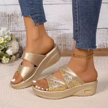 мода Модные женские повседневные босоножки на танкетке с блестками из искусственной кожи на танкетке удобные босоножки для женщин весна-лето на танкетке тапочки 35 красный