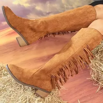мода Модные женские сапоги до колена с бахромой, искусственная кожа, сплошной толстый каблук, высокие сапоги-трубы, осенние новые женские туфли без застежек, большой размер 43 36 чёрный