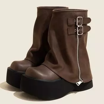 мода Модные женские сапоги до середины голени с пряжкой, большой молнией, украшением, танкеткой, платформой, женские осенние туфли из искусственной кожи 35