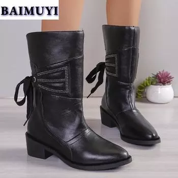 мода Модные женские сапоги с острым носком до середины голени, массивные туфли из искусственной кожи, панк-ботинки «Челси» со шнуровкой, тренд 2025 года, туфли-лодочки Botas Mujer 35 чёрный