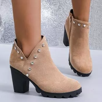 мода Модные женские сапоги с заклепками и толстой подошвой, осенние, из искусственной кожи, замшевые, офисные, на высоком каблуке, туфли-лодочки, удобные женские ботильоны на толстом каблуке 35 чёрный