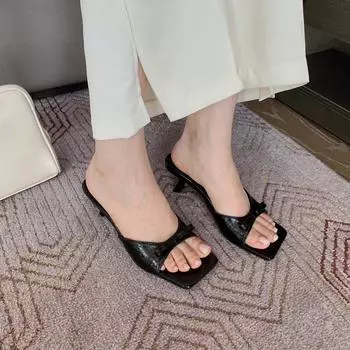 мода Модные женские тапочки с открытым носком, однотонные, черные, желтые, белые, на тонком высоком каблуке, туфли-лодочки для вечеринок, неглубокие, для платья, женские, размер 35-39 5.5 чёрный