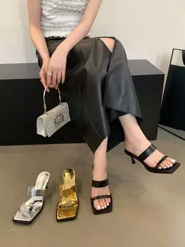мода Модные женские тапочки-слайды на шпильках с тонким каблуком, черные, серебристые, белые, летние туфли-мюли на открытом воздухе, сексуальные сандалии, тапочки-слайды 5.5 чёрный