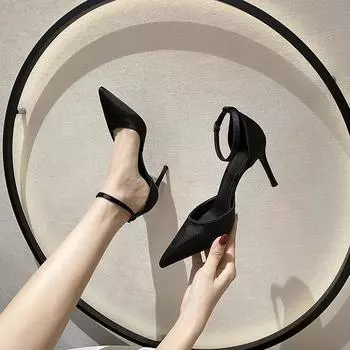 мода Модные женские туфли с острым носком на высоком каблуке из сатина Летние новые женские универсальные босоножки из микрофибры на шпильке Изысканные однотонные босоножки 33 чёрный