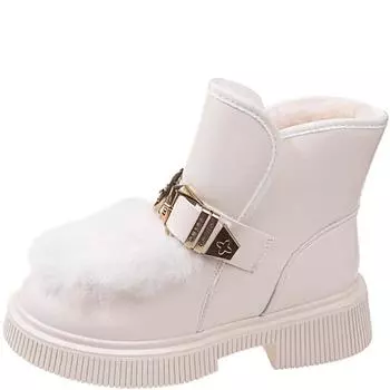 мода Модные зимние ботинки для женщин 2024 года, новинка зимы, ремень, пряжка, толстая подошва, плюс бархат, теплые короткие ботинки, высокие хлопковые туфли 35 чёрный