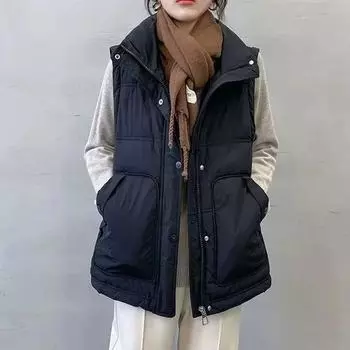 МОДА Модный иностранный стиль пуховый хлопковый жилет женский 2024 зима новый маленький жилет жилет куртка жилет модная одежда M чёрный