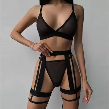 МОДА Модный женский сетчатый дышащий удобный утягивающий эротический комплект нижнего белья из трех предметов L