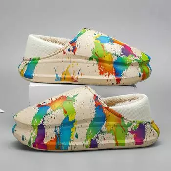 мода Мужские индивидуальные граффити тапочки Зимняя мода женские домашние плюшевые утепленные хлопковые туфли для пар Домашняя повседневная обувь 36-37 бежевый