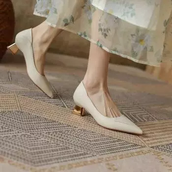 Мода на каблуках среднего размера, формальная, сексуальная, с острым носком, женская обувь, бежевые туфли на блочном каблуке для женщин, квадратный каблук L, весна, корейский стиль, последние E 35