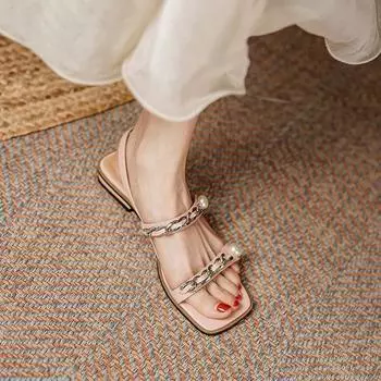 Мода на низком каблуке, жемчужные женские туфли для офисной работы, сандалии, женские, лето 2024, пряжки, комфорт, Корея, шик, точка, горячая цена 35