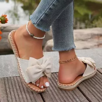 Мода на открытом воздухе 2024 года, женская обувь большого размера, женские тапочки, повседневные тапочки для женщин, с завязками-бабочками, круглым носком, на плоской подошве, с легкими туфлями для женщин 36 покинуть белый