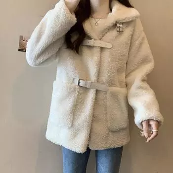 МОДА настоящее пальто из овечьей шерсти 600 г, женское меховое пальто корейской версии, свободное, утолщенное, средней длины, меховое интегрированное зернистое пальто Одежда M чёрный