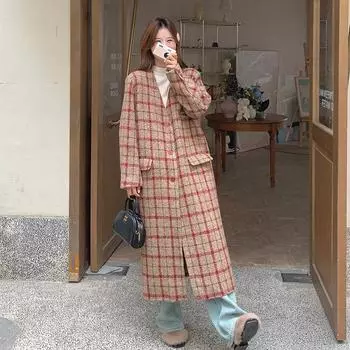 МОДА настоящее ретро британское клетчатое пальто до колена 2024 новый темперамент свободное универсальное утолщенное шерстяное пальто Одежда S