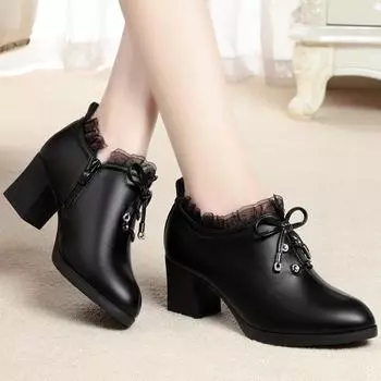 Мода Натуральная Кожа 2024 Весна Новые Туфли На Высоком Каблуке Остроносые Одинарные Туфли In The Deep Профессиональная Рабочая Обувь Женские Туфли Толстые Черные 35(Foot22.5cm)