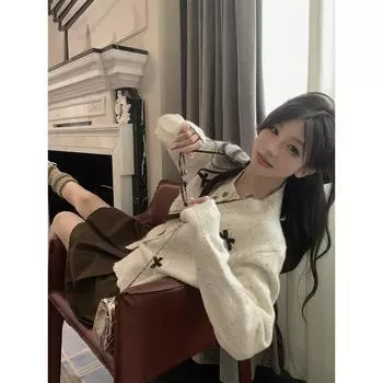 МОДА Нежный ветер Милый бант однобортный свитер с длинным рукавом вязаный свитер женский утренний премиум темперамент тонкий топ одежда One Size