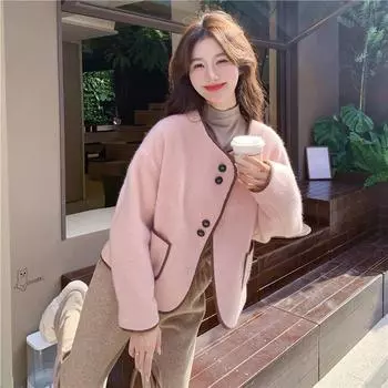 МОДА Нежный ветер розового цвета маленькое ароматное шерстяное пальто женское 2024 зима новое французское маленькое утолщенное шерстяное пальто Одежда S розовый