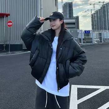 МОДА нишевая простая короткая хлопковая куртка с воротником-стойкой женская зимняя новинка 2024 года утолщенная свободная повседневная короткая на хлопковой подкладке модная одежда S чёрный