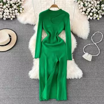 МОДА Нишевое платье с длинными рукавами и вырезом, весна-осень, новый стиль, облегающее платье с эластичной талией One Size зелёный