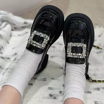 мода Низкие толстые каблуки Лоферы Женские Маленькие кожаные туфли Лолита Женские оксфорды со стразами Платформа Плоские женские кроссовки с круглым носком 35 чёрный
