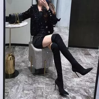 мода Ночной клуб Вечеринка Женщины Высокие сапоги выше колена Осень Зима Тонкий каблук Дамы Сексуальные Тонкие Длинные Botas De Mujer 35 коричневый