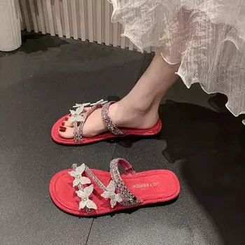 Мода НОВЫЕ женские сандалии Лето Новый дизайн Украшения из кристаллов Женские брендовые сандалии Элегантное платье на плоской подошве Женские тапочки 35 чёрный
