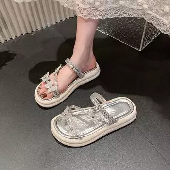 Мода НОВЫЕ женские сандалии Лето Новый дизайн Украшения из кристаллов Женские брендовые сандалии Элегантное платье на плоской подошве Женские тапочки 35 чёрный