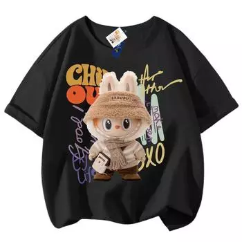 Мода Новая 3D-печать Labubu Детские футболки Топ с круглым вырезом Мальчики Девочки Милый Короткий рукав Детская одежда 100