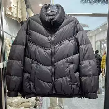 МОДА новая двухпуговичная с длинными рукавами простая универсальная модная верхняя одежда белая утиная пуховая куртка с воротником-стойкой женская короткая куртка M белый