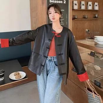 МОДА Новая китайская куртка из искусственной кожи, женская цельная одежда, весна 2024 года, новая контрастная цветная пряжка в китайском стиле, кожаная куртка, одежда S чёрный