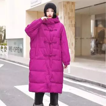 МОДА Новая китайская ретро удлиненная выше колена утолщенная пуховая куртка с литературным дизайном пряжки пуховик зимняя белая утиная пуховая одежда M чёрный