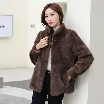 МОДА новая куртка из искусственного норкового бархата женская зимняя утепленная одежда для мам среднего и пожилого возраста теплая короткая шуба с воротником-стойкой Одежда M (less than 52.5 kg recommended) чёрный