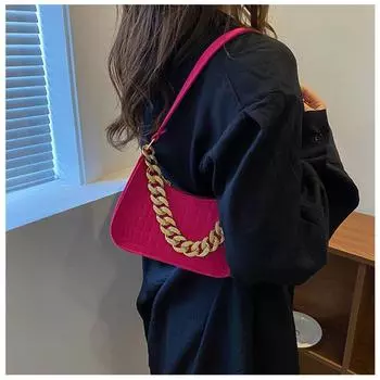 МОДА Новая модная сумка с металлической цепочкой Простая сумка через плечо для отдыха из искусственной кожи на молнии Розово-красная универсальная женская сумка оптом