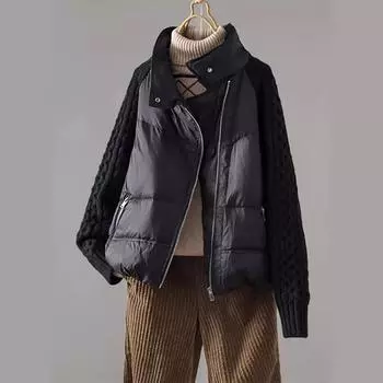 МОДА Новая модная женская короткая куртка-пуховик с вязаными рукавами, утолщенная белая зимняя куртка на утином пуху M белый