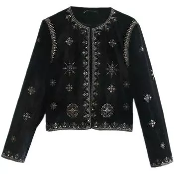 Мода Новая Осенняя Женская Одежда Бархатный Верхняя Одежда Вышивка Black XS